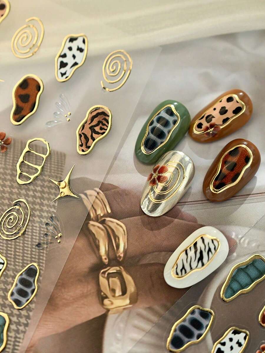 1pc Vintage Animal Print Nail Stickers, Gold Personalized Leopard, Zebra, Cow Print DIY Nail Art - Multicolor - View 1