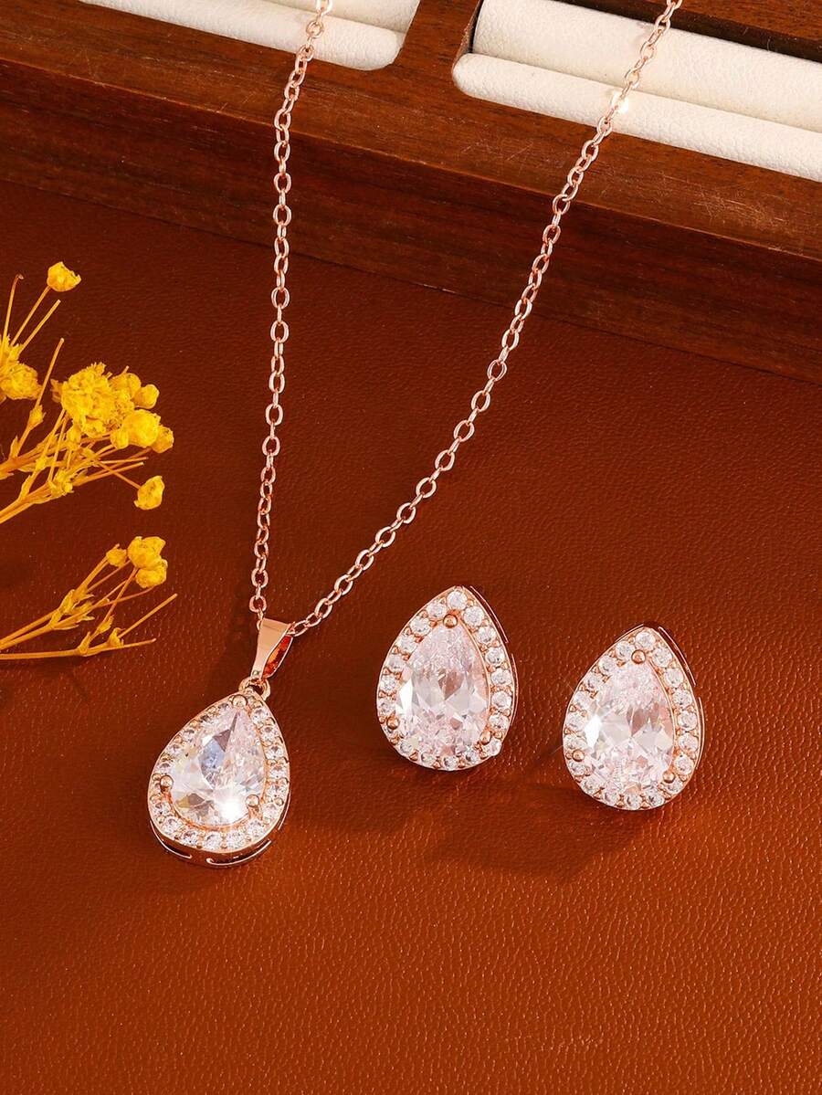 3pcs Classic Round Cubic Zirconia Decor Women's Necklace & Earrings Jewelry Set