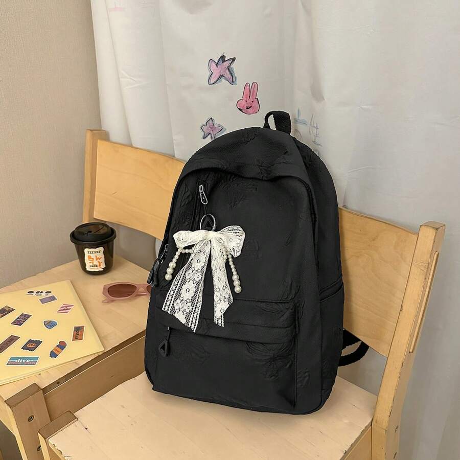Fashionable New Lightweight Nylon Women's Backpack, Multi-Pocket Large Capacity Student School Bag, Laptop Backpack With Pendant, College Essentials - Black - View 1