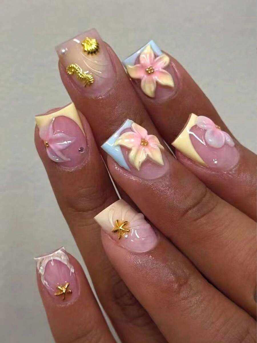 24pcs Short Square 3D Gel Nail Art, Floral Design With Pearl French Style Fake Nails Set, Includes 1 Double-Sided Adhesive And 1 Nail File, French Manicure, Suitable For Women And Girls Daily Life And Party Use - Multicolor - View 1