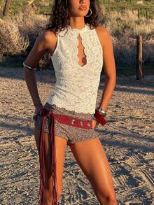 Elegant White Sheer Hollow Out Lace Sleeveless Halter Top For Women, Perfect For Party Nights And Stylish Outfits - 白色 - 查看 4