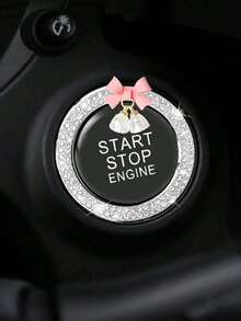 1pc Car One-Touch Start Decorative Sticker, Interior Button Inlaid Diamond Bow Crystal Bell Pendant Ignition Ring - A - View 10