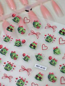 1pc Cartoon Cactus Nail Stickers, Simple Hollow Red Bow & Heart Nail Sliders, Self-Adhesive Disposable Embossed Nail Art, Cute Soft Style, Suitable For Daily Wear And Dates - Multicolor - View 3