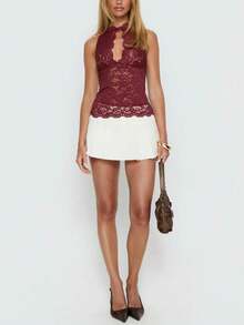 Women's Sexy Burgundy Lace Halter Neck Sleeveless Hollow Out Elegant Party Top - 酒紅色 - 查看 10