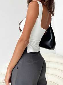 Solid Color Square Neck Cami Tank Top, Women's Ruched Front Sleeveless Slim Fit Cropped Top, Versatile Fashion Tank White - White - View 4