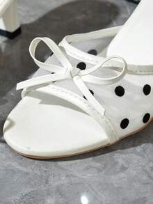 Women's Bohemian Polka Dot Mesh Bow Decor Mule High Heel Sandals, Elegant Round Toe Open Toe Kitten Heel Slide Sandals, Summer Date Party Comfortable Breathable Slip-On White High Heels - White - View 6