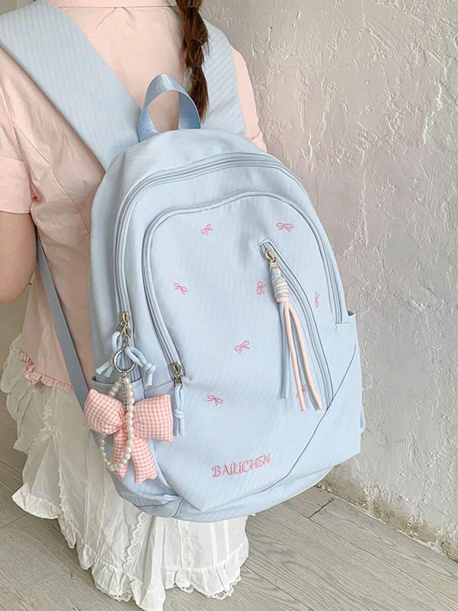 Bow Embroidery Backpack, Fresh Girly Style Student School Bag, Large Capacity Commuter Backpack