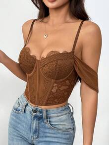 RAHQ Sheer Floral Lace Bustier, Y2K Hot Weather Crop Top For Urban Daily OOTD - Brown - View 2