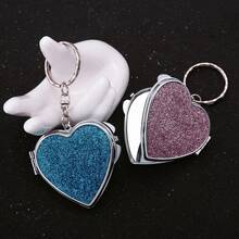 1pc Y2K Silver Bead Heart Foldable Double-Sided Makeup Mirror Keychain, Minimalist Metal Heart-Shaped Car Key Ring Pendant, Women's Gift - Multicolor - View 10