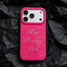 1pc Pink Glossy Rhinestone Handwritten Style Phone Case, Compatible With IPhone 17 16 15 14 13, "Hot Pretty Girl" Diamond Letter Star Heart Large Opening Camera Window, Shockproof Soft Shell, Suitable For Y2K Women - Hot Pink - View 2