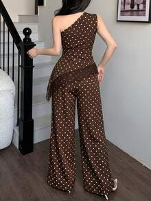 abyoxi Conjunto de 2 piezas de top sin mangas con cintura fruncida y parches de encaje con dobladillo asimétrico en color verde guisante, y pantalones de pierna ancha. Sexy y elegante - Marrón - Ver 2