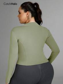 Plus Size Women's Solid Color Fitted Sports Jacket With Thumb Hole, Long Sleeve, Suitable For Yoga, Running, Fitness In Summer - Mint Green - View 7