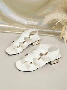 Women's White Roman Hollow Out Sandals, Metal Decor Square Toe Low Heel Sandals, Elastic Back Comfortable Vacation Beach Casual Shoes - White - View 2