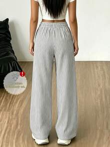 [Random 3 Pieces,Send 1 Piece]Minimal Flow Girls Vertical Stripe Wide Leg Pants, Elastic High Waist Lightweight Casual Trousers - Multicolor - View 2