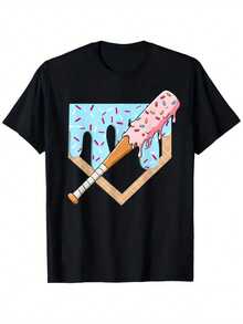 Camiseta Casual Deportiva para Hombre con Diseño de Béisbol y Helado, 100% Algodón, Resistente - Negro - Ver 1