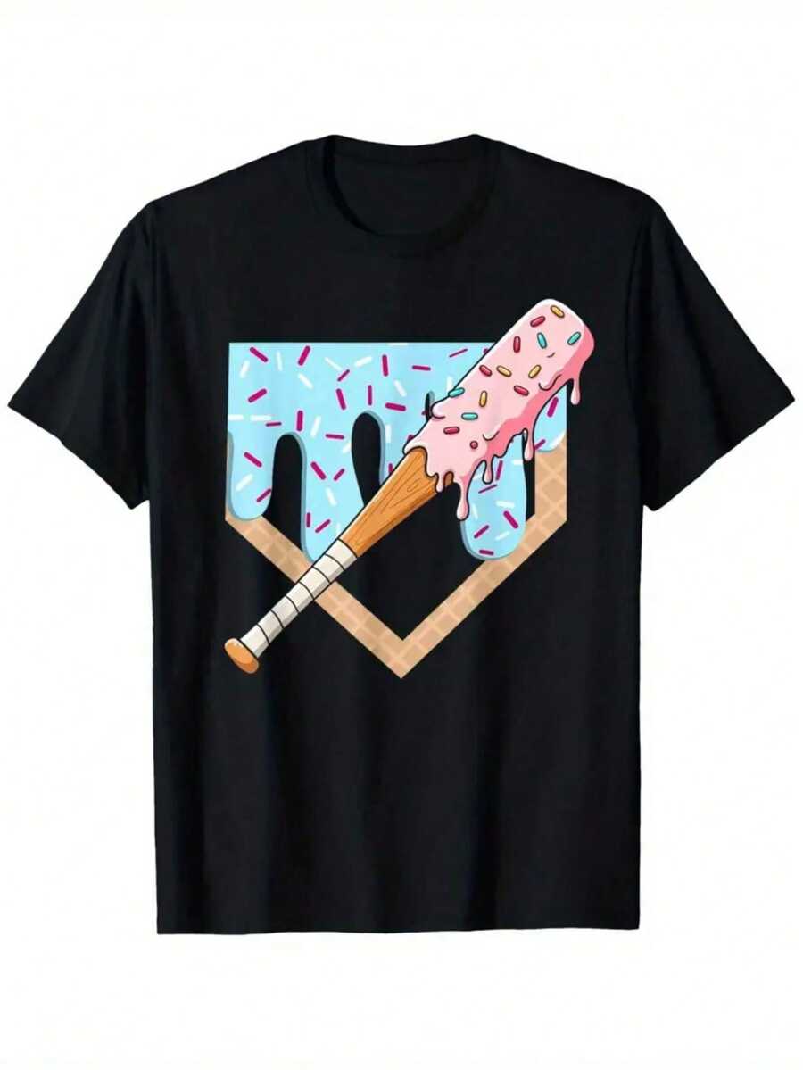 Camiseta Casual Deportiva para Hombre con Diseño de Béisbol y Helado, 100% Algodón, Resistente - Negro - Ver 1