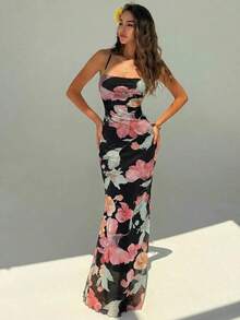Elegant Women's Dress With Floral Print And Open Back, Summer Clothes, Beach Outfits For Women, Beach Vacation Clothes, Party Outfits, Bridesmaids - 黑色 - 查看 5