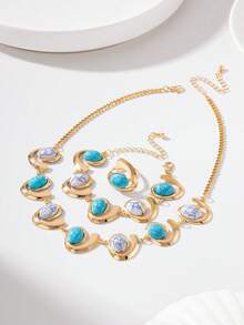 1 Set/3pcs Elegant Fashion Creative Design Metal Symbol Inlaid Faux Stone Necklace + Bracelet + Ring Women's Jewelry Set - Multicolor - View 5