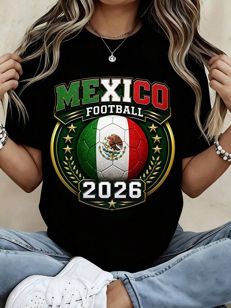 T-Shirt Top Mexico Football 2026 Soccer Ball Flag Design For Casual Wear And Sports Events Blusas Para Dama Casuales - 黑色 - 查看 1