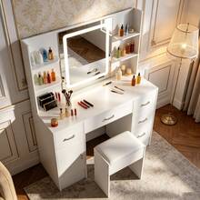 Dressing Table Makeup Vanity Table with Smart LED Mirror 6 Drawers and Stool Set, Vanity Desk Set with Large LED Lighted Mirror & Drawers Makeup Table - Dresser Vanity Makeup Desk Stool with LED Light Mirror Drawers Dressing Table - Blanco - Ver 4