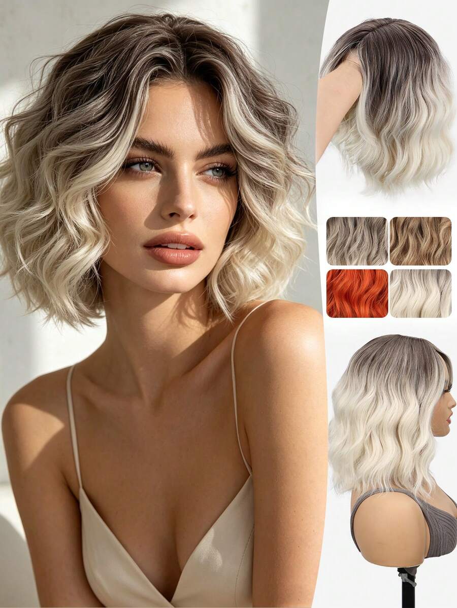 14 Inch Short Wavy Curly Wig, Gradient Gold Voluminous Synthetic Fiber Wig, High Density Heat-Resistant Hair, Rose Net Cap, Natural And Realistic, Women/Unisex, Suitable For All Skin Tones, Daily Wear, Party, Halloween, Cosplay - Multicolor - View 1