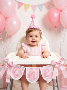 2/1 pieza Conjunto de camino de mesa de tela no tejida con lazo a cuadros rosa estilo INS y sombrero de 1er cumpleaños con lazo a cuadros rosa - Decoración de silla para 1er cumpleaños, accesorio para fotos, adecuado para fiesta de cumpleaños infantil, baby shower, decoración de fiesta, lazo rosa, sombrero de niña de 1er cumpleaños, decoración de fiesta de feliz cumpleaños, accesorio para fotos, decoración de baby shower - Rosa - Ver 1