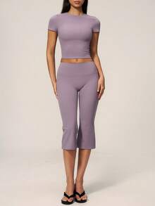 TimeOff Women's One Set Solid Color Round Neck Cropped Waist Short Sleeve Flared Mid-Length Pants Sports Set - Mauve Purple - View 5