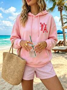Women's Plus Size Thin Hooded Sweatshirt, Long Sleeve, Pink Lobster Print, Summer Beach Club Casual Fashion Sweatshirt, Comfortable Women's Autumn/Winter Daily Wear, Suitable For Daily Outings, Parties, School, Music Festivals, Vacations And Commuting. Can Be Given As A Gift To Family, Boyfriend, Girlfriend, Friends, Ideal Autumn/Winter Clothing For Girls. - Pink - View 3