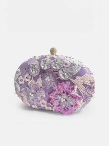 Damen Abend Clutch Tasche, ovale Hartschalen Rahmen Clutch, Vintage romantischer Feenstil, geeignet für Hochzeit, Cheongsam, Brautparty, zufällige Schnittposition - Mauve - Übersicht 4