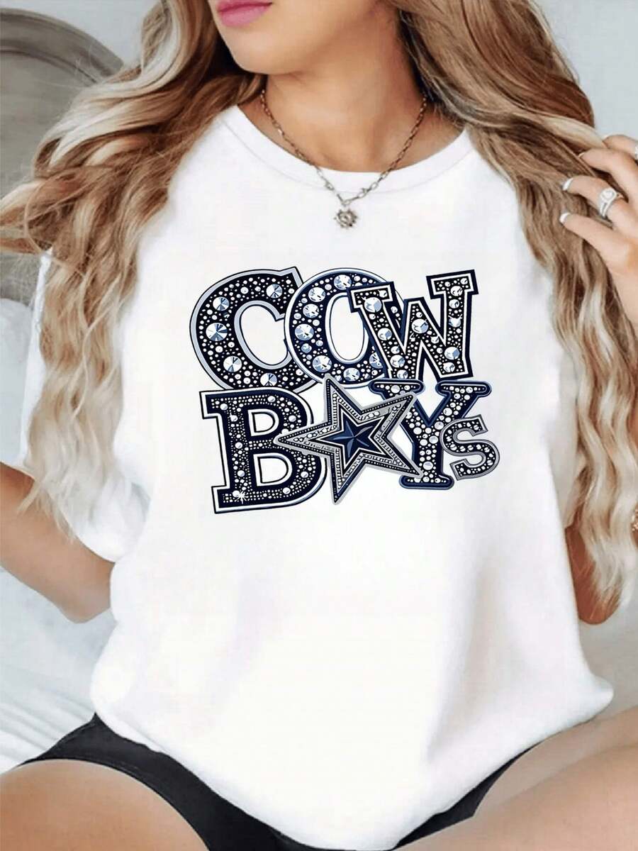 1 pieza de camiseta de manga corta con cuello redondo para mujer, 180g, con estampado digital gráfico de vaqueros y pedrería, espíritu de equipo de fútbol americano, 100% algodón, camiseta c - Blanco - Ver 1