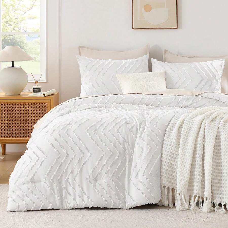 Andency - Juego de edredón de tamaño matrimonial para cama matrimonial, bohemio, suave, cálido, diseño capitoné y de chevrón, tono neutro, estético, rústico, bonito, con textura, 3 piezas, beige/crema - Blanco - Ver 1