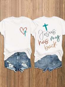 Women's Casual Heart And Cross Logo Print Round Neck T Shirt,Summer Style - 白色 - 查看 1