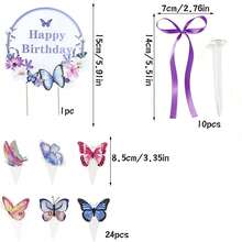 35pcs/24pcs/1pc Purple Butterfly Happy Birthday Cake Cupcake Topper With Ribbon Set, Girls Birthday Party Cake Decoration - Multicolor - View 10