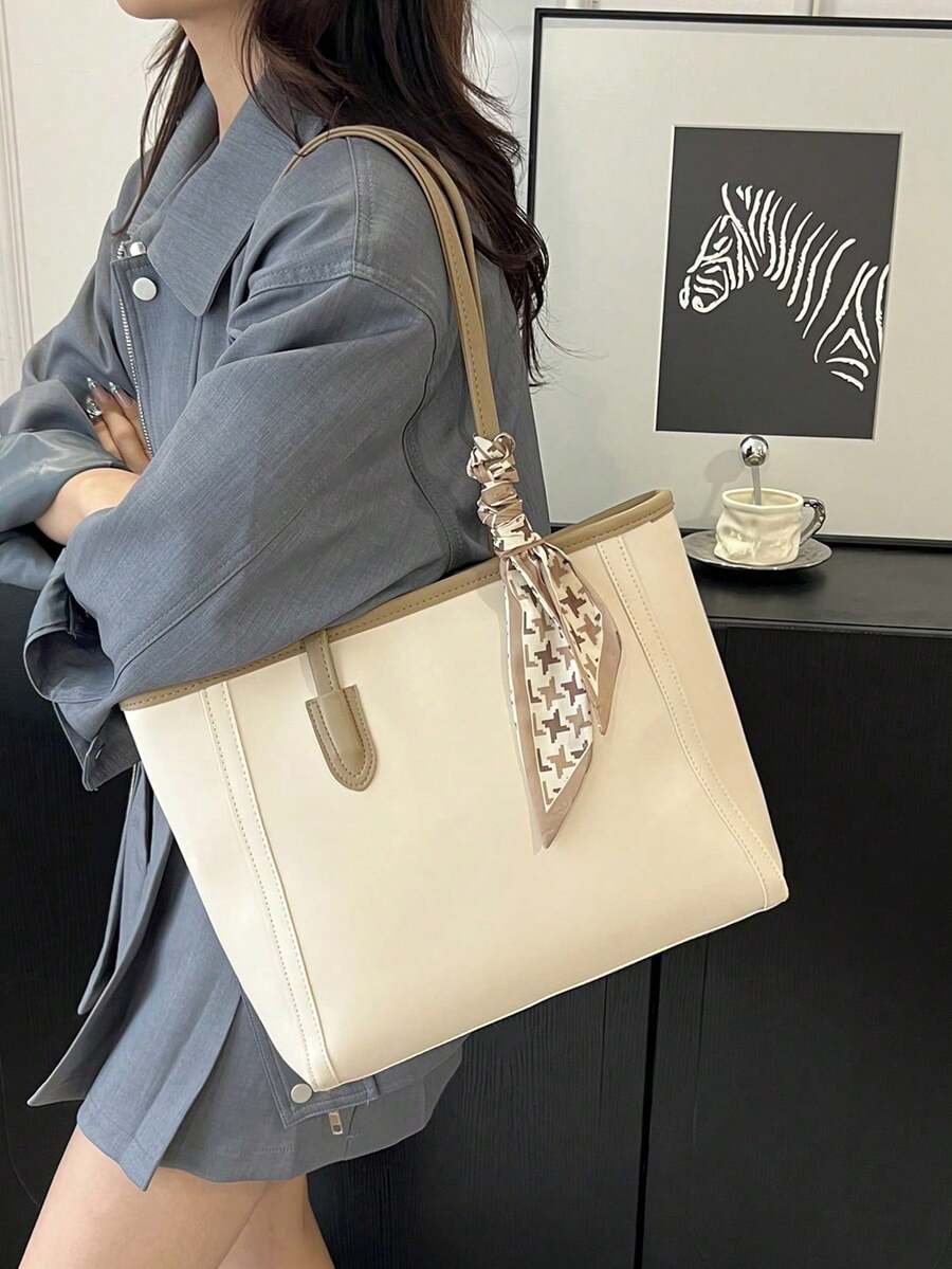 Large Capacity Minimalist Vintage-Style Handbag In Solid PU Leather With Matching Scarf, Versatile And Elegant Women's Bag, Fashionable Bag With Bow, Eye-Catching Handbag - 白色 - 查看 1