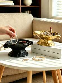 1/2pcs Luxury Dual-Handle High-Foot Storage Tray, Vanity Jewelry Ring Lipstick Organizer Dish, Entryway Desk Key & Miscellaneous Storage Plate, Bedroom Makeup Table Decorative Ornament - Housewarming Gift - Multicolor - View 2