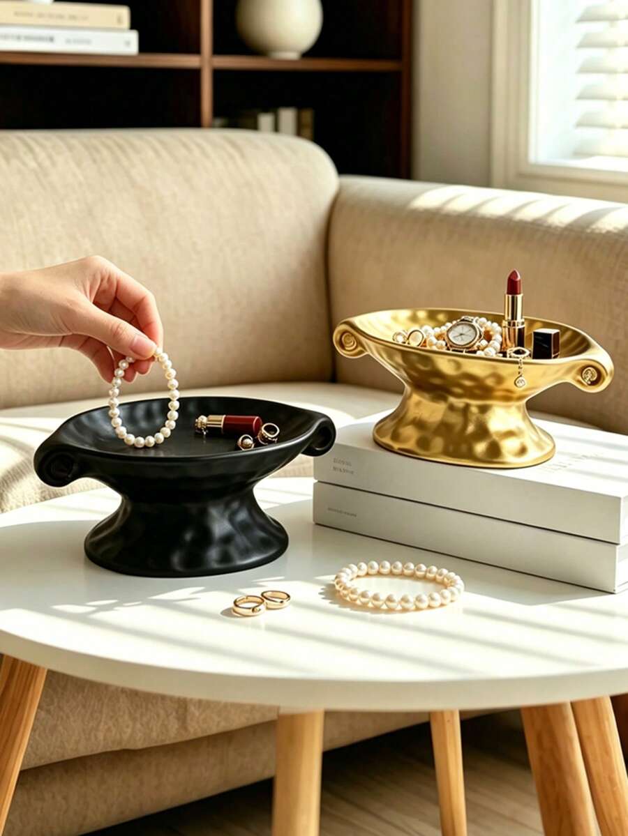 1/2pcs Luxury Dual-Handle High-Foot Storage Tray, Vanity Jewelry Ring Lipstick Organizer Dish, Entryway Desk Key & Miscellaneous Storage Plate, Bedroom Makeup Table Decorative Ornament - Housewarming Gift