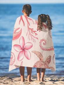 1pc Pink Ocean Creature & Floral Print Beach Towel, Modern Style Fiber Rectangular Travel Home Beach Towel, Suitable For Swimming, Diving, Summer - Multicolor - View 3