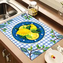 1pc, Home Decor, Lemon Plaid Pattern Printed Dish Drying Mat, Coffee Machine Absorbent Mat, Sink Drain Mat, Cup Absorbent Mat, Kitchen Supplies, Bathroom Supplies, Kitchen Countertop Decor - Multicolor - View 7