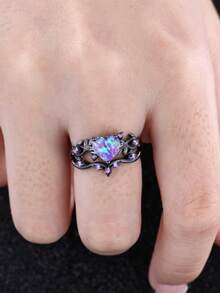 2pcs/Set, Vintage Purple Heart-Shaped Cut Synthetic Opal & Leaf Design Gunmetal Black Ring Set, Suitable For Holiday Party & Daily Wear, All Seasons - Purple - View 3