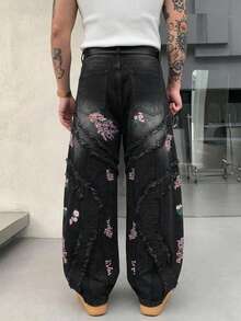 DAZY 1 قطعة بنطال جينز أسود رجالي بتطريز ثلاثي الأبعاد بطراز كوري شخصي، بتصميم واسع الساق مريح وعصري، مناسب لجميع المواسم (باستثناء الحزام والإكسسوارات) - الأسود - مشاهدة 3
