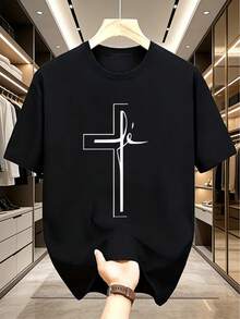Camiseta de Manga Corta con Estampado de Cruz para Hombre - Diseño Moderno con Cuello Redondo Regular - Negro - Ver 1