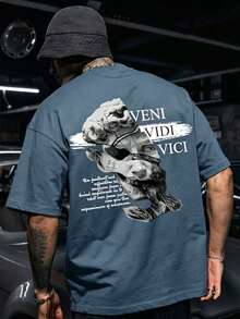 Dope|Gothic Broken Statue Print Men's Loose T-Shirt, Vintage Latin Slogan Back Design, Hip-Hop Street Style Casual Short Sleeve Top - Dusty Blue - View 2