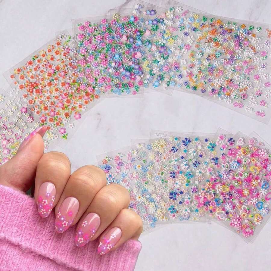 30pcs Colorful Nail Art Stickers, White And Pink Floral Pattern, 3D Self-Adhesive Nail Decals - 彩色 - 查看 1