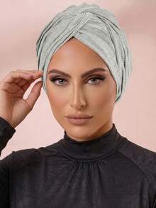 1pc Muslim Women Twist Knit Turban, Breathable Semi-Sheer Knit Hijab Cap, Lightweight Modest Solid Head Wrap For Daily Prayer Casual - Light Grey - View 3