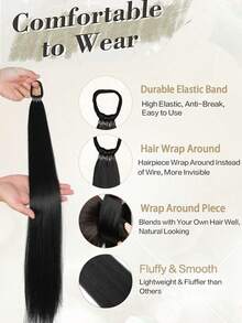 28 Inch Long Straight Synthetic Fiber Ponytail Hair Extensions, Braided Ponytail Extensions, Multi-Functional Elastic Band, Elegant Black Wig, Natural Soft Fiber, Suitable For Multiple Skin Tones - Multicolor - View 5