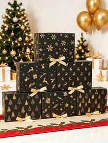 6pcs Christmas Gift Boxes With Ribbons, Black & Gold Christmas Gift Packaging Boxes, Christmas Snowflake Reindeer Snowman Penguin Design Christmas Gift Boxes, Christmas Party Small Gift Boxes, Christmas Gift Packaging Supplies, Home Christmas Decor, Christmas Gifts, Winter Holiday Decor, Seasonal Packaging, Christmas Party Supplies, Christmas Decor, Room Decor, 2027 New Year Decor, Christmas Decor - Christmas Black Gold - View 5