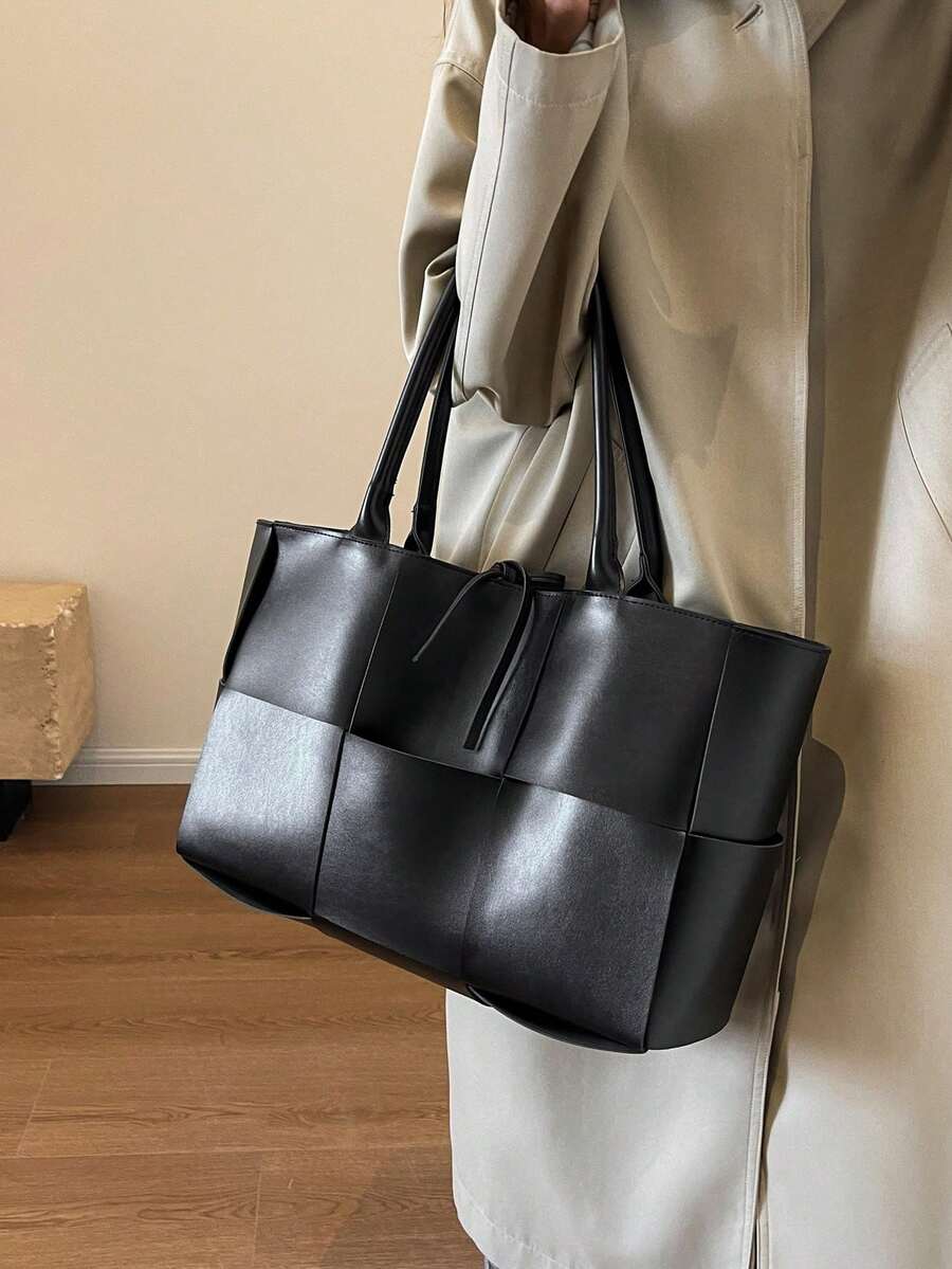 Dedoo Women's Tote Bag, Woven Plaid Design, Solid Color Glossy Leather, Long Handle, Open Top Large Capacity, Minimalist Commuter Travel Bag, Suitable For All Seasons - Black - View 1
