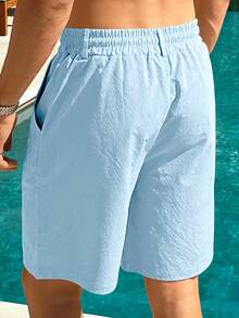 Pantalones Cortos de Lino para Hombre Estilo Americano Casual de Cuatro Puntos, Pantalones de Lino Transpirables de Verano, Pantalones Cortos Retro de Color Sólido - Azul - Ver 3