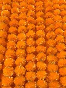 2pcs Artificial Marigold Flower Garland, Faux Floral Hanging Vine, Suitable For Festivals, Door Decor Toran And Party Decoration, Diwali Marigold Flower Garland, Vibrant Hanging String, Suitable For Puja Room Decoration, Bedroom Decoration, Temple And Festival Decoration - Orange - View 2