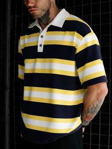 FRACTYR Men's Summer Casual Black Yellow White Wide Horizontal Striped Loose Polo Shirt, White Collar Button Short Sleeve Casual Top, Comfortable Breathable Short Sleeve Casual, Suitable For Outdoor Wear - Yellow - View 3